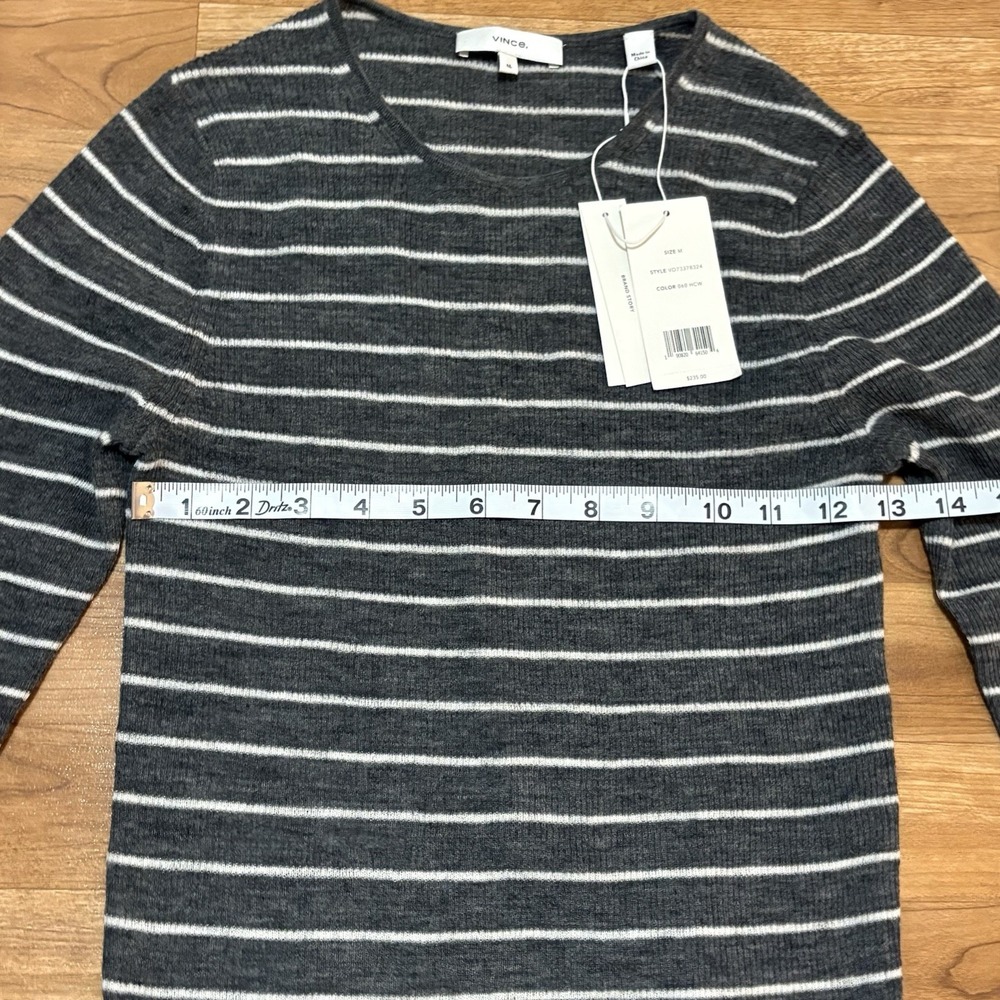 NWT $235 Vince 100% Wool Stripe Rib Knit Shirt CARBON/OFF WHITE Medium Luxury - Picture 6 of 9